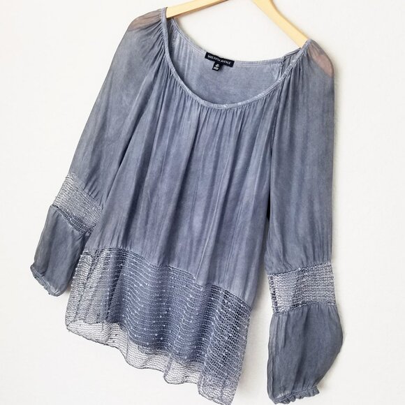 Saks Fifth Avenue Silk Blend Blouse S Blue Gray Crochet Sequins Italy Lagenlook - Picture 14 of 16